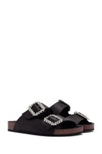 دمپایی زنانه چرمی مشکی نگین‌دار دری مد