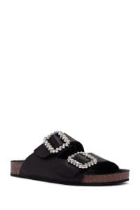 دمپایی زنانه چرمی مشکی نگین‌دار دری مد