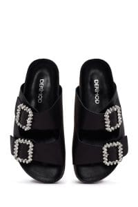 دمپایی زنانه چرمی مشکی نگین‌دار دری مد