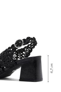 صندل زنانه مشکی متالیک بافت‌دار پاشنه‌نازک کوتاه دری مد