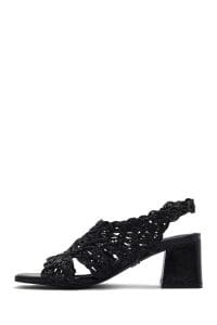 صندل زنانه مشکی متالیک بافت‌دار پاشنه‌نازک کوتاه دری مد