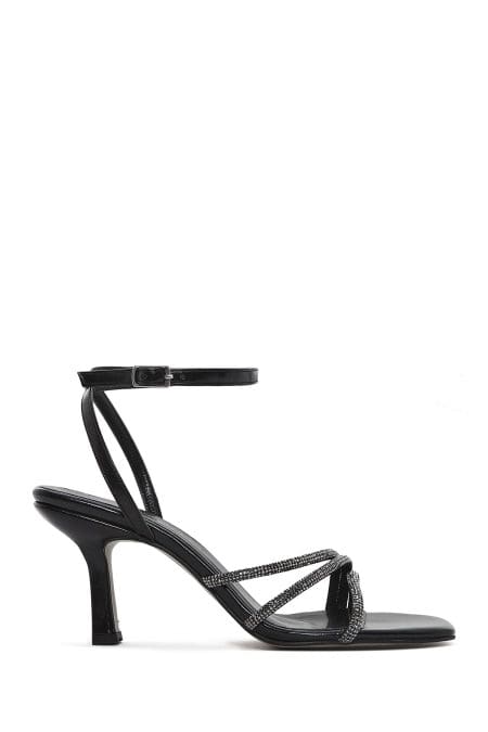 صندل زنانه مشکی نگین‌دار بنددار پاشنه‌نازک دری مد