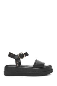 صندل زنانه مشکی چرم بنددار تخت ضخیم دری مد