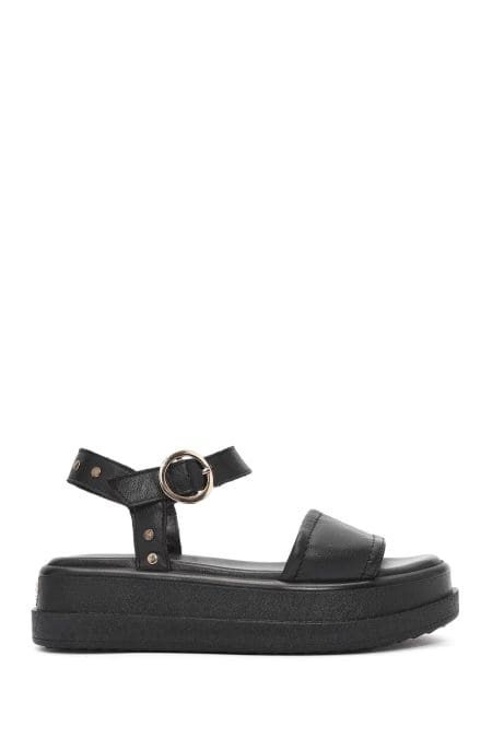 صندل زنانه مشکی چرم بنددار تخت ضخیم دری مد