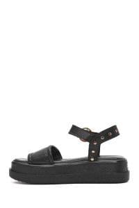 صندل زنانه مشکی چرم بنددار تخت ضخیم دری مد