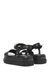 صندل زنانه مشکی چرم بنددار تخت ضخیم دری مد