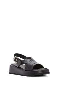 صندل زنانه مشکی چرم بنددار تخت ضخیم دری مد