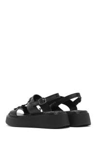 صندل زنانه مشکی چرم بنددار تخت ضخیم راحتی دری مد