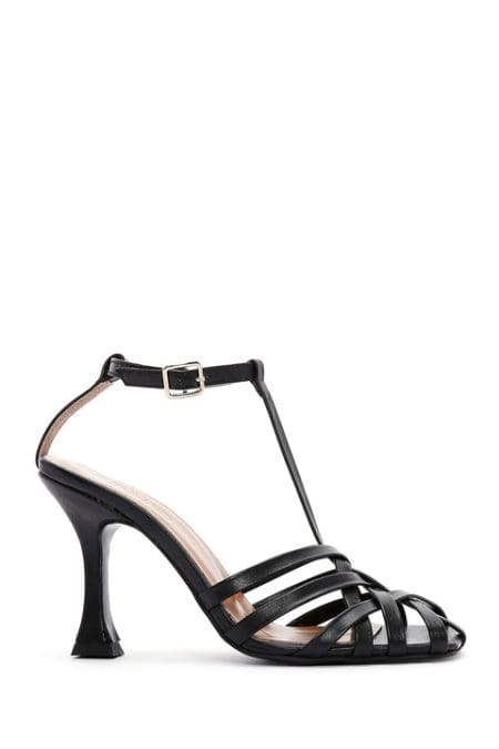 صندل پاشنه دار چرمی مشکی زنانه دری مد