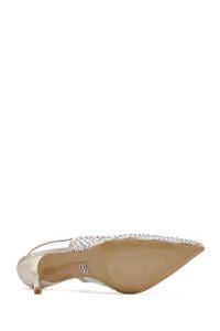 کفش زنانه بژ چرم نگین‌دار پاشنه نازک پشت باز دری مد