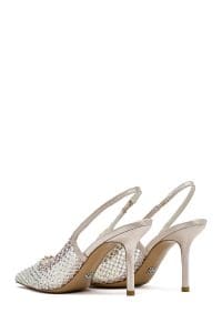 کفش زنانه بژ چرم نگین‌دار پاشنه نازک پشت باز دری مد