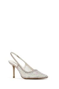 کفش زنانه بژ چرم نگین‌دار پاشنه نازک پشت باز دری مد