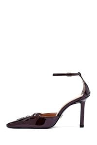 کفش زنانه زرشکی چرم ورنی پاشنه نازک بنددار دری مد