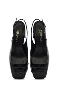 کفش زنانه مشکی چرم ورنی بنددار پاشنه‌ضخیم کوتاه پشت باز دری مد