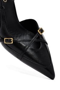 کفش زنانه مشکی چرم پاشنه نازک پشت باز بنددار دری مد