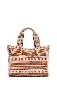 کیف زنانه دستی پارچه‌ای طرح‌دار عسلی چاپ سنگی Kastamonu بند بلند دری مد