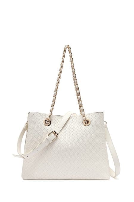 کیف زنانه دوشی کرم بند بلند چاپ‌دار دری مد