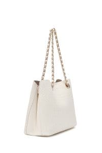 کیف زنانه دوشی کرم بند بلند چاپ‌دار دری مد