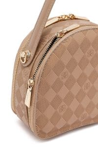 کیف زنانه مینی دستی عسلی بند بلند چاپ‌دار دری مد