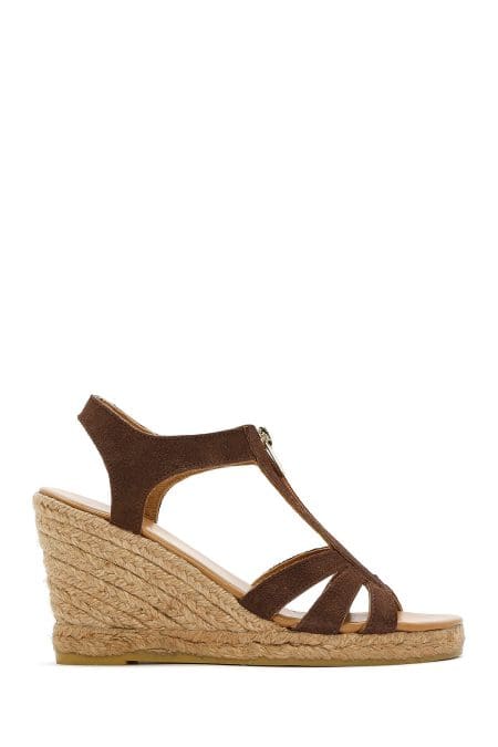 اسپادریل زنانه جیر چرمی قهوه‌ای با زیپ و پاشنه لژ دری مد