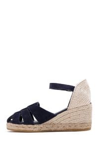 اسپادریل صندل زنانه جیر چرمی سرمه‌ای بندی با پاشنه لژ دری مد