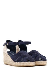 اسپادریل صندل زنانه جیر چرمی سرمه‌ای بندی با پاشنه لژ دری مد