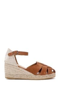 اسپادریل صندل زنانه جیر چرمی قهوه‌ای روشن بندی با پاشنه لژ دری مد