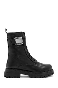 بوت چرمی بند دار مشکی زنانه  زیپ دار دری مد