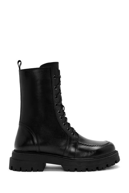 بوت چرمی بندی مشکی زنانه زیپ دار دری مد