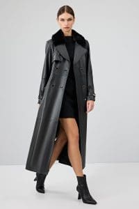 ترنچ کت چرمی زنانه مشکی یقه خزدار کمربنددار Jenny دری مد