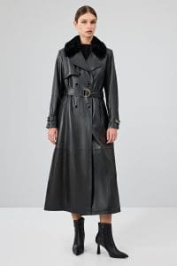 ترنچ کت چرمی زنانه مشکی یقه خزدار کمربنددار Jenny دری مد