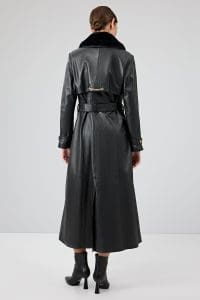 ترنچ کت چرمی زنانه مشکی یقه خزدار کمربنددار Jenny دری مد