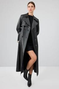 ترنچ کت چرمی زنانه مشکی یقه خزدار کمربنددار Jenny دری مد