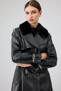 ترنچ کت چرمی زنانه مشکی یقه خزدار کمربنددار Jenny دری مد