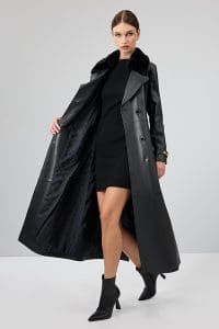 ترنچ کت چرمی زنانه مشکی یقه خزدار کمربنددار Jenny دری مد