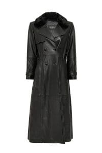 ترنچ کت چرمی زنانه مشکی یقه خزدار کمربنددار Jenny دری مد