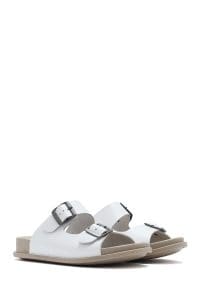 دمپایی راحتی زنانه چرم سفید دو سگکه دری مد