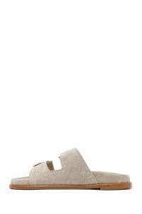 دمپایی زنانه چرم جیر بژ سگک‌دار دری مد