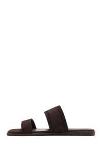 دمپایی زنانه چرم جیر قهوه‌ای سگک‌دار دری مد