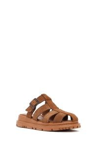 دمپایی زنانه چرم جیر قهوه‌ای ضخیم‌تنه دری مد