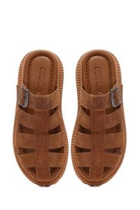 دمپایی زنانه چرم جیر قهوه‌ای ضخیم‌تنه دری مد