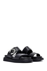 دمپایی زنانه چرم مشکی نگین‌دار ضخیم‌تنه دری مد