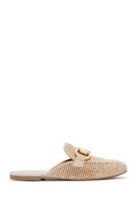 دمپایی زنانه چرمی حصیری بژ با جزئیات سگک دری مد