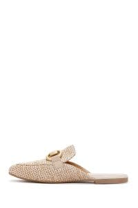 دمپایی زنانه چرمی حصیری بژ با جزئیات سگک دری مد