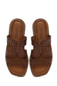 دمپایی زنانه چرمی قهوه‌ای روشن دری مد