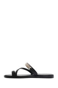 دمپایی لاانگشتی زنانه چرم مشکی با نگین دری مد