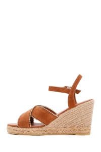 صندل زنانه اسپادریل قهوه‌ای روشن پاشنه یکسره گیوه ای بندی جیر دری مد