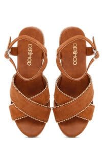 صندل زنانه اسپادریل قهوه‌ای روشن پاشنه یکسره گیوه ای بندی جیر دری مد