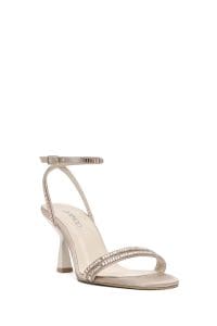 صندل زنانه بژ نگین‌دار پاشنه‌نازک بنددار دری مد