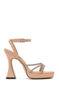 صندل زنانه بژ پاشنه‌ضخیم بلند بنددار مجلسی دری مد